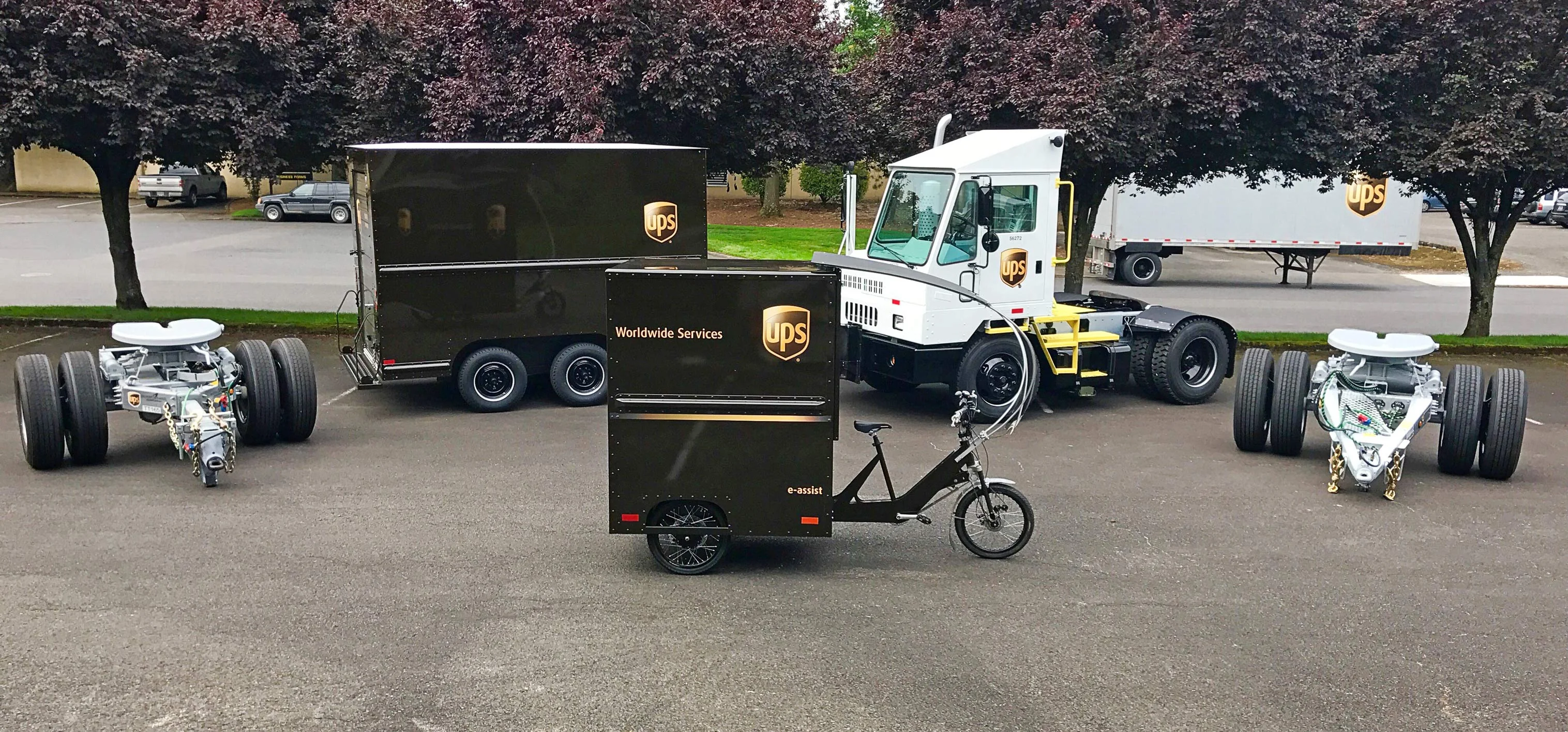 UPS trailers and Silver Eagle converter dollies staged in a yard
